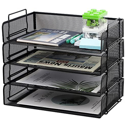 4 Pack Stackable Desk Paper Tray, Metal Mesh Desktop Document Letter File Organizer for Office Home School, 13.5'' L x 9.75'' W x 11'' H, Black - color: 4 Pack Black