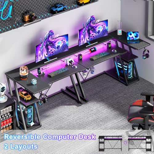 Korfile 40 Inch Gaming Desk with Power Outlet & LED Lights, L Shaped Computer Gaming Table with 3 Tiers Storage Shelves, Corner Gamer Desk with Monitor Stand for Small Space, Carbon Fiber Black | L Shaped Computer Gaming Table, Corner Gamer Table, with 3