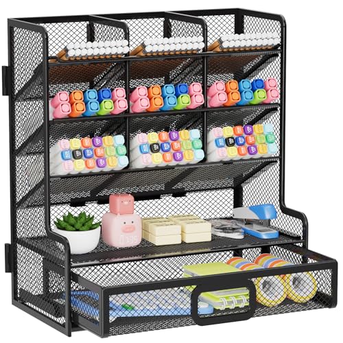 Marbrasse Larger Mesh Desk Organizer with Drawer, Multi-Functional Pen Pencil Holder, Easy Assembly, Desk Organizers and Accessories for Office Art Supplies (Black) - color: Black, size: 9.8"*9.6"*5.4"