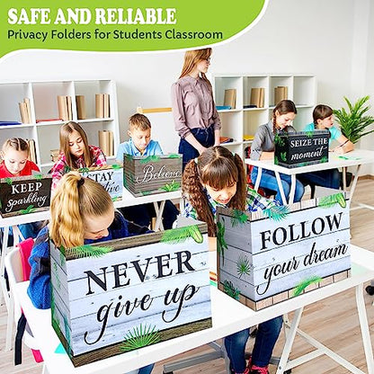 Honoson 24 Pcs Inspirational Privacy Folders for Students | Cardboard Desk Shields with Motivational Words, 6 Designs for Classroom Study, Tri-fold Exam Dividers, Bulk Test Boards - style: Leaves