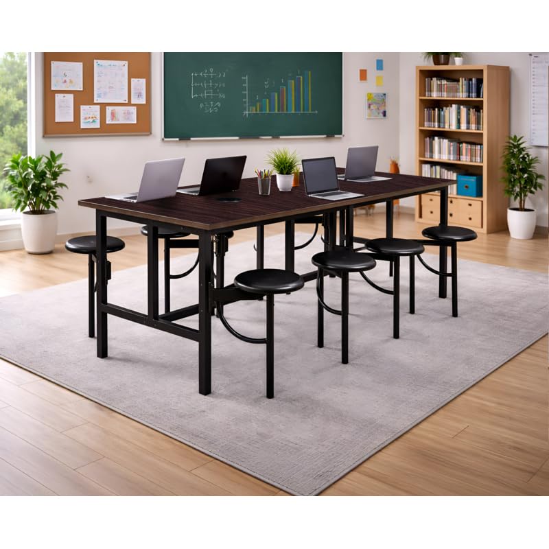 Romig Endure Standing Height Collaborative Table and Chair Set with 8 Pull-Out Swivel Stools, Walnut Top, Built-in Power Outlets and USB Charging, Classroom Training Table - color: Walnut, size: 8 Seater