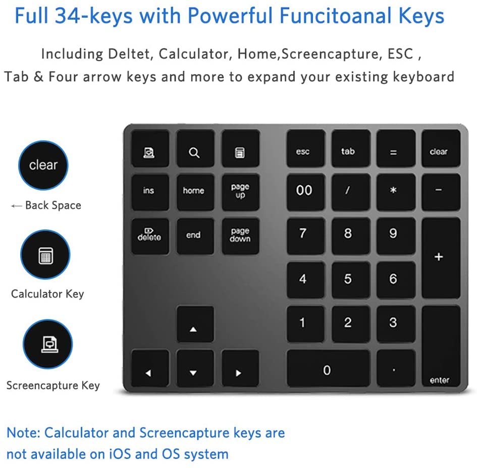 JOYEKY Wireless Number Pad Bluetooth Numeric Keypad for Laptop | Number Pad for Laptop,USB-C Rechargeable,34-Keys Bluetooth Numeric Keypad - size: L325