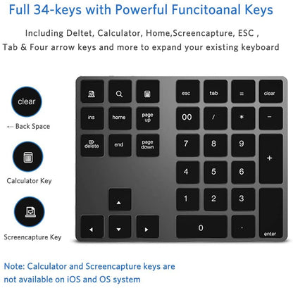 JOYEKY Wireless Number Pad Bluetooth Numeric Keypad for Laptop | Number Pad for Laptop,USB-C Rechargeable,34-Keys Bluetooth Numeric Keypad - size: L325