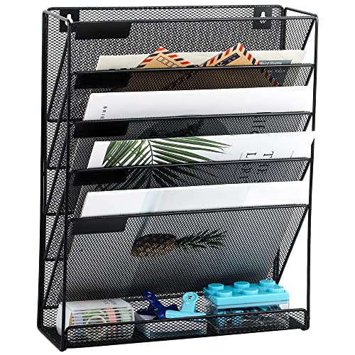 EASEPRES Desk File Organizer Mesh 6-Tier, Hanging Wall Mount Document Organization Stand, Desktop Vertical Mail Paper Folder Holder Rack with Bottom Tray for Office Home Cubicle Countertop, Black - color: Black, size: 6 Tier