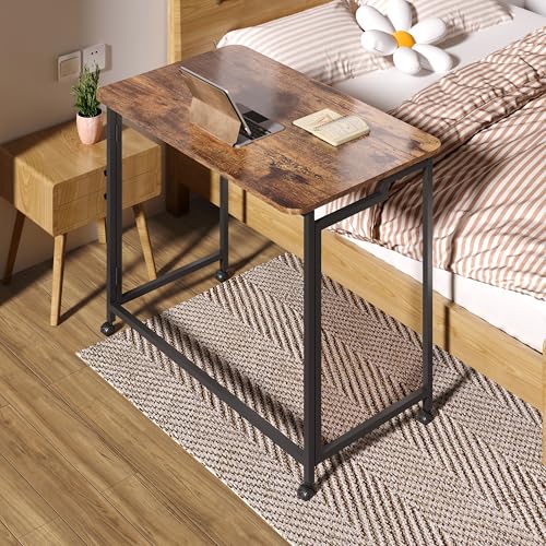 4NM 27.5" Mobile Small Rolling Computer Desk, Folding Laptop Cart Table with Wheels, Portable Office Desk for Small Space Couch Bed - Rustic Brown and Black - color: Rustic Brown and Black, size: 27.5"