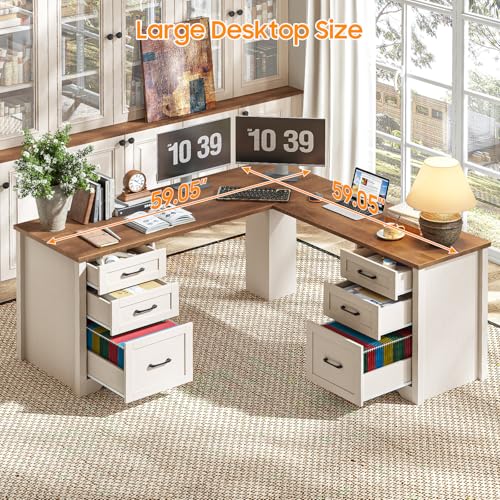 Vabches 59" L-Shaped Executive Desk with 6 Drawers for Home Office, White - color: 59in White With L-shaped