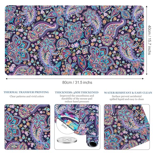 Mouse Pad Paisley Floral, Desk Mat for Desktop, Boho Flowers Anti-Slip Desk Pad Extended XXL Large Gaming Mouse pad Stitched Edges Water Resistant Computer Laptop Keyboard Desk Mat for Women Girls - color: Paisley Floral, size: 31.5L x 15.7W inches