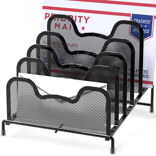 Simple Houseware Desk 5 Sections Step File Sorter Organizer, Black - color: Black