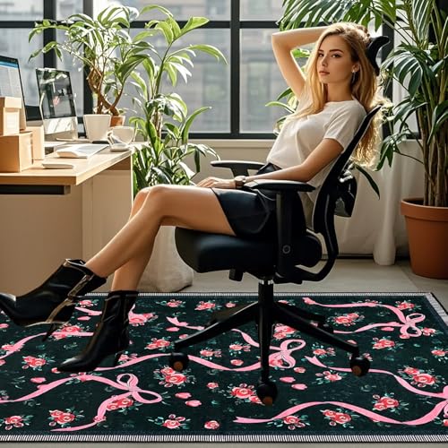 Office Chair Mat for Hardwood/Tile Floor, 36"x48"Desk Chair Mat for Rolling, Non Slip Under TPR Backing Low-Pile Rug(Black Bow Flower) - color: Black Bow Flower