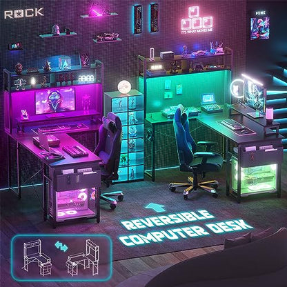 Aheaplus Small L Shaped Desk Gaming Desk with LED Lights & Power Outlets - color: Black