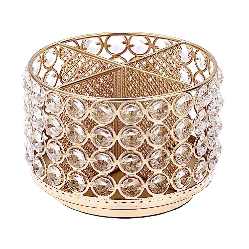 BTSKY Crystal 360 Degree Rotating Desk Organizer Decorative Storage Box with 4 Compartments, Glitter Metal Makeup Brush Holder Elegant Storage Caddy Home Decor Gift for Women, Round-4 Slots Gold - color: Gold