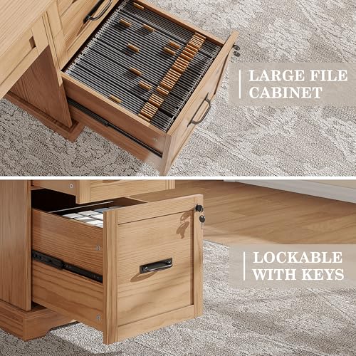 Alohappy 55'' Farmhouse Executive Desk, Home Office Desk with Drawers, Wood Computert Desk with File Cabinet and Power Outlets, Walnut - color: Walnut, size: 55''