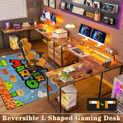 Unikito 63" L-Shaped Computer Desk with Power Outlet & LED, Rustic Brown - color: Rustic