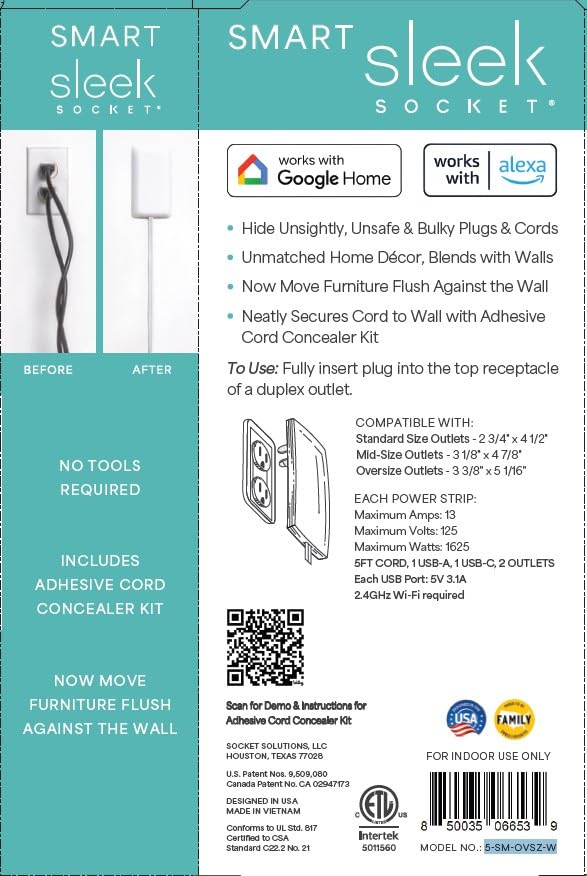 Smart Sleek Socket: Universal Outlet Concealer with Wi-Fi Smart Power Strip - size: 5 ft - Smart, style: Standard Outlet