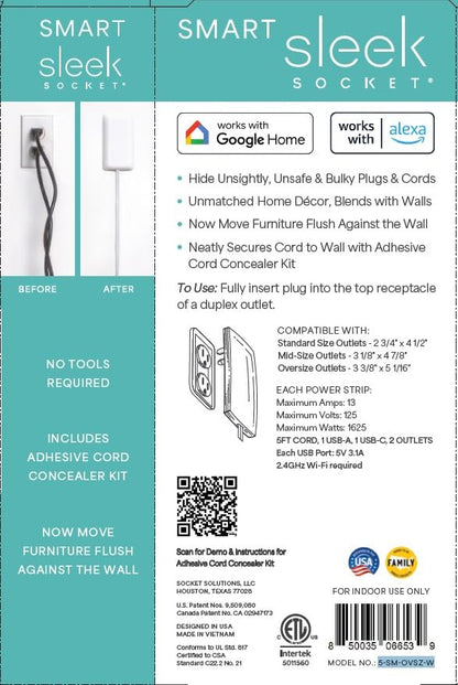 Smart Sleek Socket: Universal Outlet Concealer with Wi-Fi Smart Power Strip - size: 5 ft - Smart, style: Standard Outlet