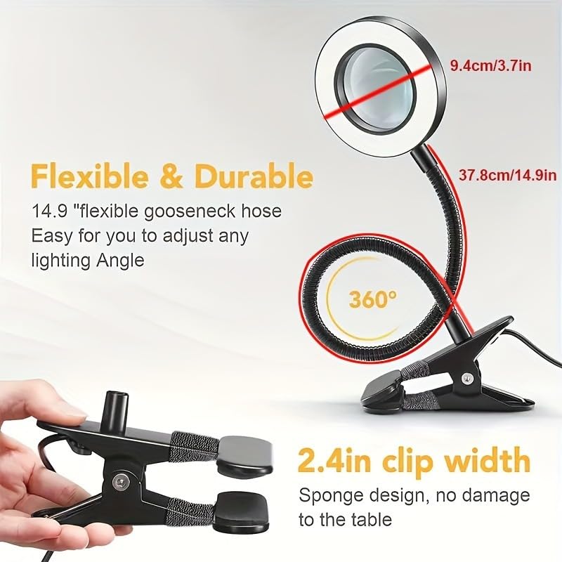 Diamond Painting Tool with Magnifying Glass + Lighting, Clip-On 5V USB LED Magnifier - 3 Color Modes, 10 Brightness Levels, Hands-Free 10x Magnifying Lamp with Flexible 14.9" Gooseneck