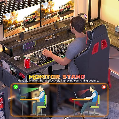 Aheaplus Small L Shaped Desk Gaming Desk with LED Lights & Power Outlets - color: Black Oak