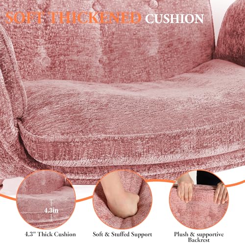 Criss Cross Chair with Wheels & Arms, Chenille Cross Legged Office Chair with 5-level Folding Armrest, Comfortable Adjustable Swivel Vanity Chair for Home, Make Up, Bed Room, Office, Accent (Pink) - color: Pink, style: Modern