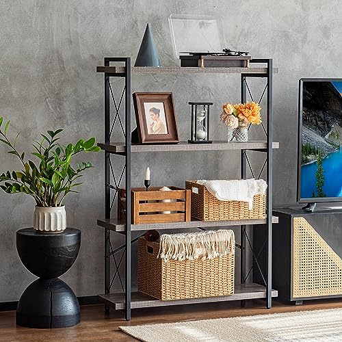 HCHQHS Bookshelf, 4-Tier Industrial Bookcase, Rustic Open Book Shelf, Freestanding Tall Bookshelves with Metal Frame - color: Grey, size: 4-Tier (35.8"W x 51.2"H)