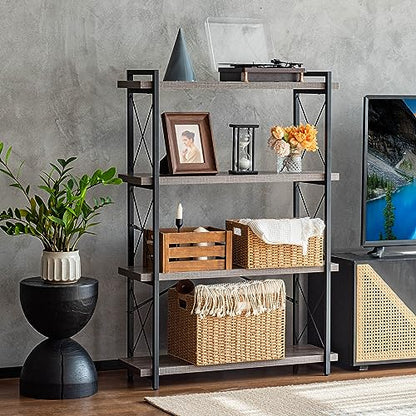 HCHQHS Bookshelf, 4-Tier Industrial Bookcase, Rustic Open Book Shelf, Freestanding Tall Bookshelves with Metal Frame - color: Grey, size: 4-Tier (35.8"W x 51.2"H)