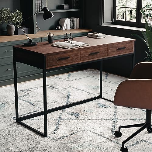 Martha Stewart Ollie Home Office Desk with 3 Drawers in Walnut Wood Grain with Oil Rubbed Bronze Hardware - color: Walnut Top/Oil Rubbed Bronze Frame