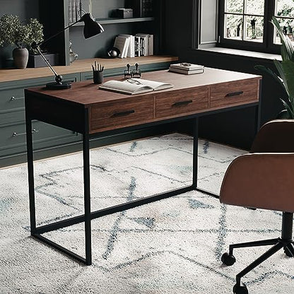 Martha Stewart Ollie Home Office Desk with 3 Drawers in Walnut Wood Grain with Oil Rubbed Bronze Hardware - color: Walnut Top/Oil Rubbed Bronze Frame