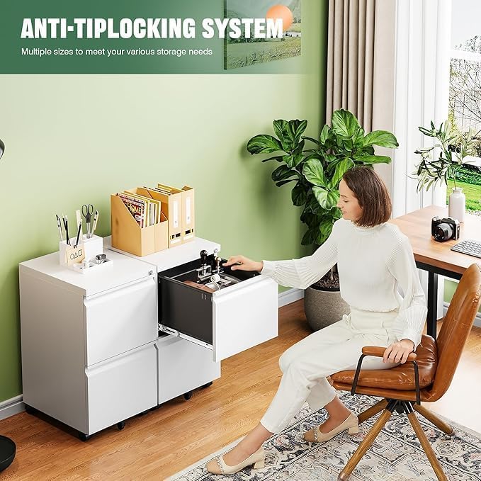 GarveeHome Heavy-Duty 2-Drawer Metal Filing Cabinet with Lock White - size: 26.18"H-2 Drawers