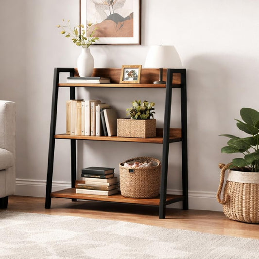 Ladder Shelf, 3 Tier Bookshelf, Small Bookshelf for Small Spaces, Wood and Metal Bookcase, Ladder Bookshelf, Modern Storage Shelf for Living Room and Office (Black, Ladder) - color: Black, size: Ladder