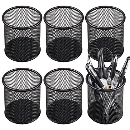 QYH Mesh Pencil Cup for Desk 6 Pack, Black Pen Holder 3.54"x3.93" | Metal Pencil Box, Desk Organizer for Office, School, Home & Business