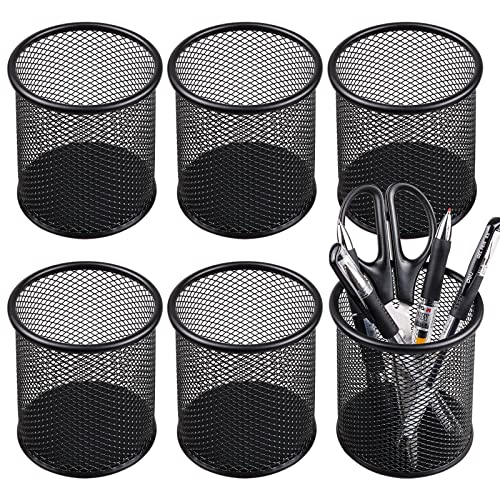 QYH Mesh Pencil Cup for Desk 6 Pack, Black Pen Holder 3.54"x3.93" | Metal Pencil Box, Desk Organizer for Office, School, Home & Business