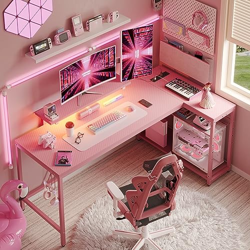 Bestier L Shaped Gaming Desk with Power Outlets,58 LED Small Corner Desk with Reversible Storage Shelves,Pink Computer Desk with Headset Hooks Desk for Living Room and Dormitory