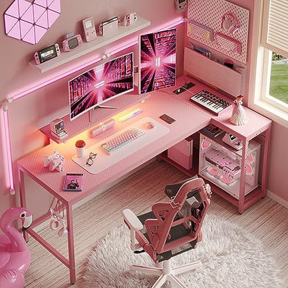 Bestier L Shaped Gaming Desk with Power Outlets,58 LED Small Corner Desk with Reversible Storage Shelves,Pink Computer Desk with Headset Hooks Desk for Living Room and Dormitory