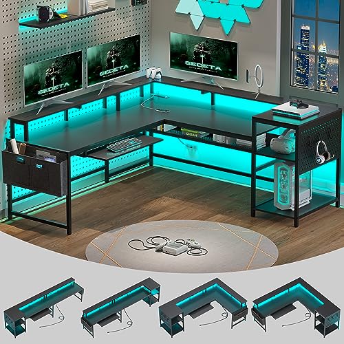 SEDETA L Shaped Gaming Desk, Reversible Computer Desk, Gaming Desk with Power Outlets & LED Strip, Monitor Shelf, Keyboard Tray, Pegboard and Storage Shelves for Home Office, Black - color: Black