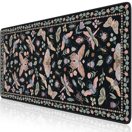 iCasso Black Large Mouse Pad, Desk Matt for Desktop, Insects | XXL Desk Mat for Keyboard and Mouse, Anti-Slip Big Mousepad Computer Mat with Stitched Edges - color: Insect-black