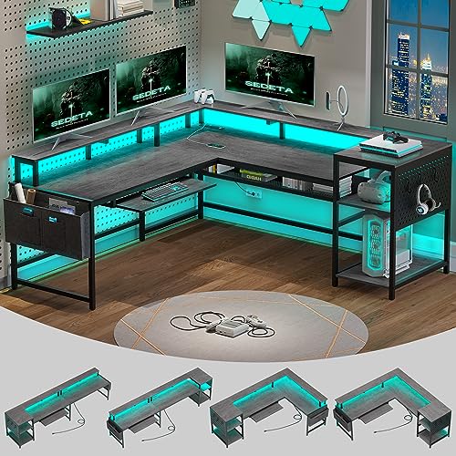 SEDETA L Shaped Gaming Desk, Convertible 96" Home Office Desk or Corner Desk, L Shaped Table with Power Outlets & LED Strip, Monitor Stand, Keyboard Tray, Pegboard and Storage Shelves, Grey - color: Grey
