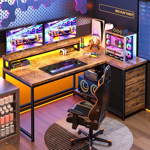 EnHomee 48" L Shaped Desk with 3 Storage Drawers for Teen Gamers Home Study | 3 Fabric Storage Drawers; Organize Gaming Accessories & Stationery for Tidy Teen Study & Gaming Corner, Rustic Brown - color: Rustic Brown, size: 48inch