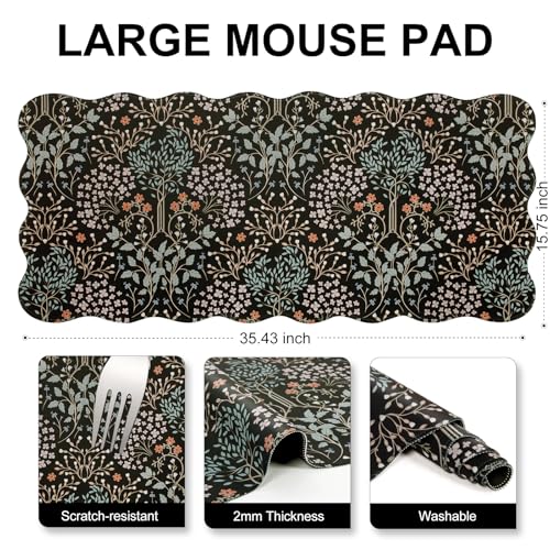 L-SPOUTTO Black Mouse Pad,Scalloped Desk Mat XXL Botanical Gaming Mousepad | 35.4x15.7in Large Non-Slip Base Keyboard Pad Waterproof Desktop Mat for Laptop Computer Game Home Office,Seamless Plants - color: Plants