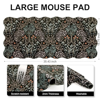 L-SPOUTTO Black Mouse Pad,Scalloped Desk Mat XXL Botanical Gaming Mousepad | 35.4x15.7in Large Non-Slip Base Keyboard Pad Waterproof Desktop Mat for Laptop Computer Game Home Office,Seamless Plants - color: Plants