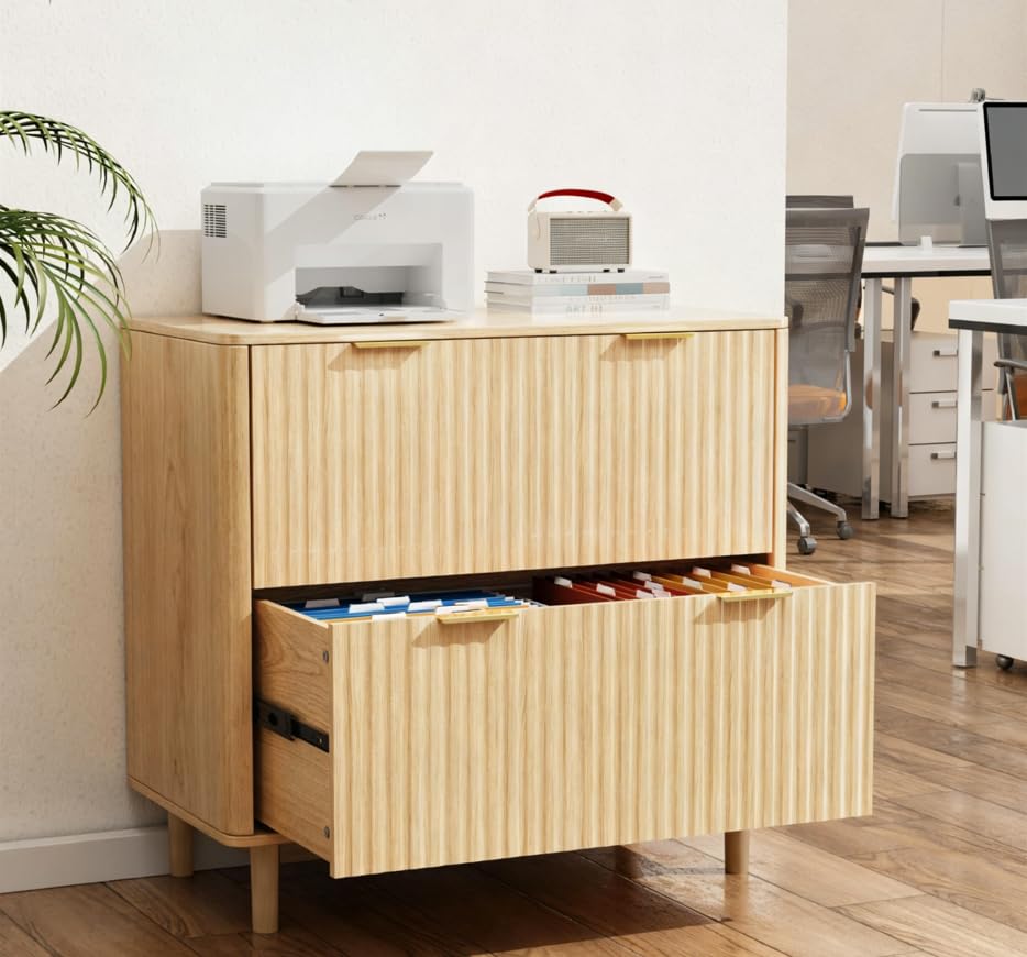 Bonnlo 2 Drawer File Cabinet, Home Office Filing Organizer, for Letter Legal A4 Size File Folder Storage, Modern Style Fluted Design, Wood Lateral Filing Cabinet, Printer Stand, Archivador, Oak