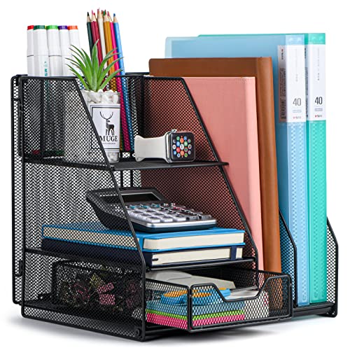 Topwey Desk Organizers and Acceessories for Office School Study | 2-Tier Paper, Letter Tray, 1 Drawer and 2 Pen Holder - color: dark black