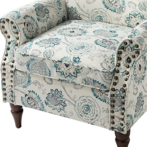 HULALA HOME Traditional Floral Accent Chair with Solid Wood Legs, Medallion | Comfy Upholstered Armchair Reading Chair with Rolled Armrests, Nailhead Trim, Removable Cushion, for Living Room Bedroom - color: Medallion