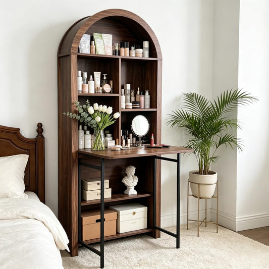 70.8" Arched Bookcase & Folding Desk with Storage for Small Spaces, Brown - color: Walnut Brown, size: 29.53"L x 9.45"W x 70.8"H