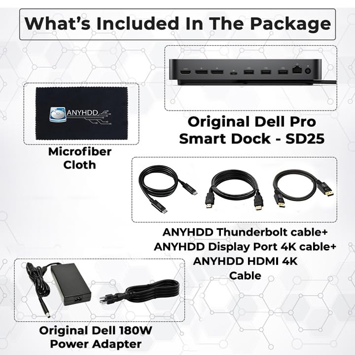 Dell Pro Smart Dock SD25 Bundle - 10Gbps, 3 Year Warranty, Supports Dual/Triple Monitors & 4K Displays with 180W Power Adapter, Anyhdd HDMI, DisplayPort, USB C Cable, Cloth - Docking Station - style: Dell SD25 New