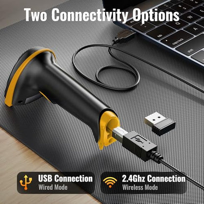 Tera Barcode Scanner with Battery Indicator: 1D Wireless, 5100 Yellow | USB Wired 2.4G Wireless Reader, 2200mAh Battery, 1D Laser Scanning, IP54 Protection, Retail Checkout Warehouse Library School - color: 1D Yellow