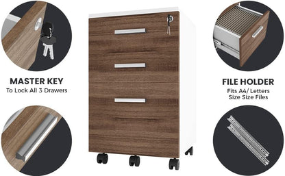 Modern Designs Lazio File Cabinet, Filing Cabinets for Home Office, Drawers for Under Desk, Locking 3 Drawer Rolling Filing Cabinet with Lock, Walnut and White, by Crafts and Comfort - color: Walnut / White