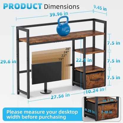 Marbrasse Desk Shelf with Drawer, 40" Desk Hutch for Computer Monitor, Wooden Desktop Bookshelf Storage Rack for Home Office Dorm - Dark Brown