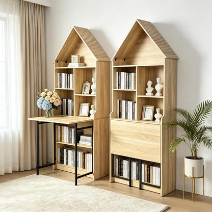73.22" Folding Craft Desk with Storage Shelves & Hideaway Bookshelf, Wood - color: Brown, size: 31.5"L x 11.42"W x 73.22"H