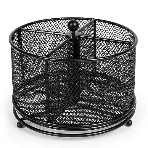 360° Rotating Multifunctional Pen Holder, Cosmetic Organizer | Cutlery Holder,Desktop Stationery Storage, 4 Compartments Mesh Large Capacity Storage - color: Black
