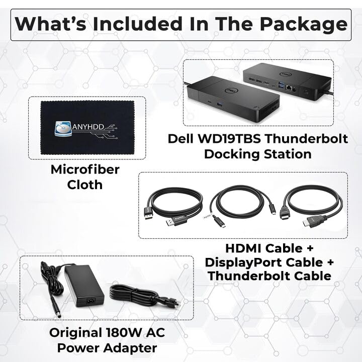 Dell WD19TBS 180W Thunderbolt Dock Bundle, 130W PD + HDMI + DP + TB Cables + Cloth, Black - style: Dell WD19TBS New