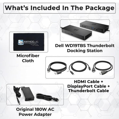 Dell WD19TBS 180W Thunderbolt Dock Bundle, 130W PD + HDMI + DP + TB Cables + Cloth, Black - style: Dell WD19TBS New